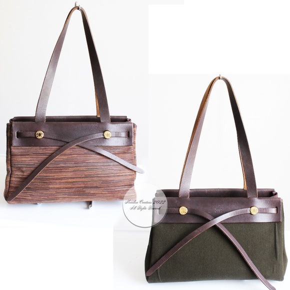 Hermes Herbag Tote Bag Cabas PM Brown Vibrato Leather & Canvas 2-In-1 Bag HTF - Picture 3 of 17